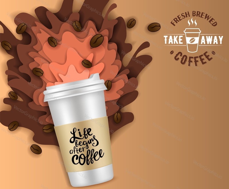 Takeaway coffee paper cut poster banner design template. Vector illustration of disposable coffee cup with coffee splashes and coffee beans.