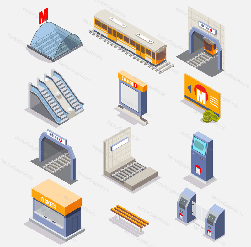 Subway icon set. Vector flat isometric illustration of metro underground items such as subway train, tunnel, subway platform, station, escalator, entrance gate or turnstile, ticket machine etc.