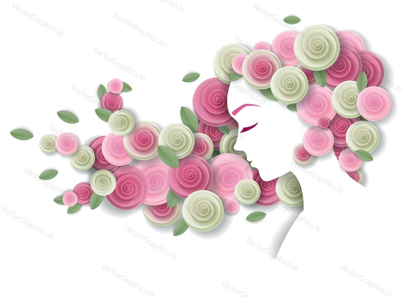 Portrait of beautiful young girl with floral hair. Vector paper cut profile view illustration.