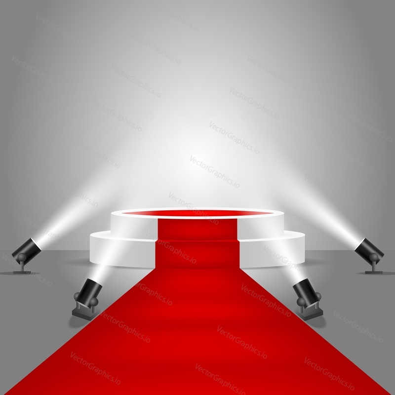 White round stage podium with red carpet illuminated by floor spotlights. Vector realistic illustration. Podium spotlight background.