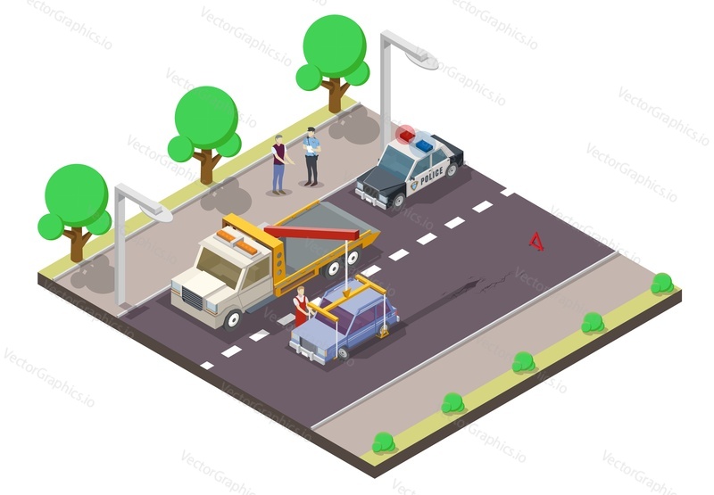 Car accident concept vector flat illustration. Isometric tow truck lifting damaged car, police car and policeman interviewing driver about traffic accident.