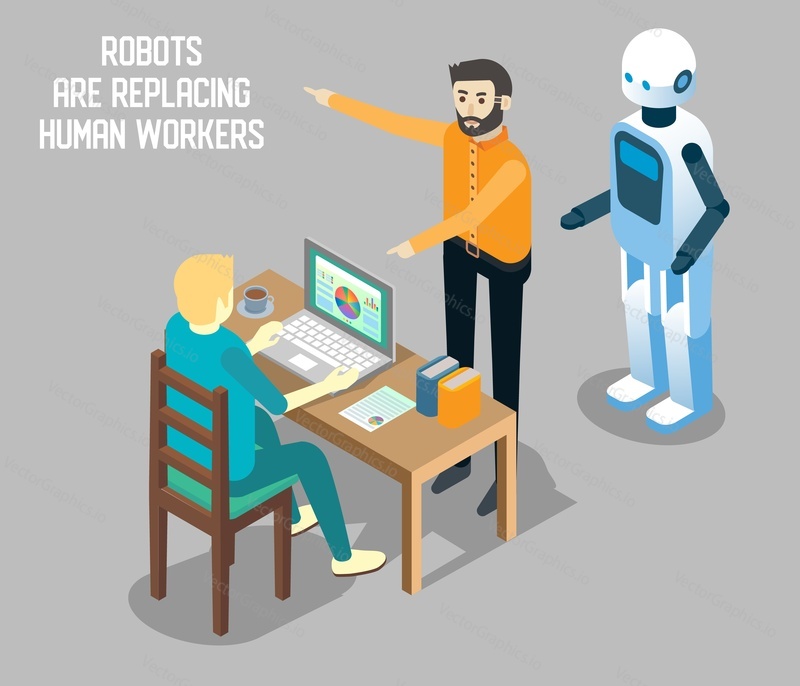 Vliv robotické automatizace na koncept lidské zaměstnanosti vektorová izometrická ilustrace. Roboti nahrazují lidské pracovníky. Roboti vs. lidská práce.