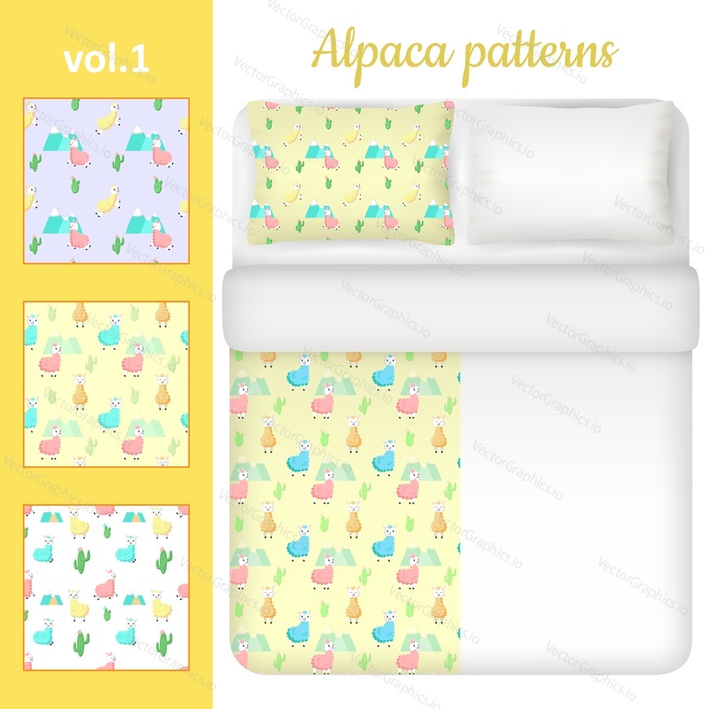 White blank and cute alpaca bed linen set. Three seamless patterns for kids bedding fabric samples with funny cartoon alpacas, cactuses and mountains. Vector top view illustration.
