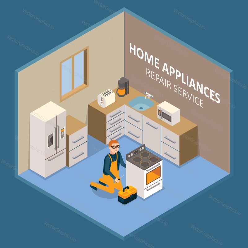 Home appliances repair service concept. Vector isometric cutaway kitchen interior with repairman service center employee repairing or installing electric stove.