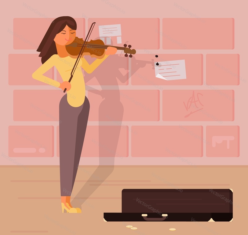 Vector illustration of young girl musician playing violin in street. Street musician flat style design element.