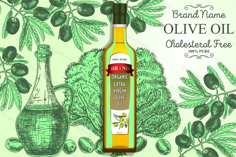 Reklamy na olivový olej. Vektorové realistické ilustrace olivového oleje skleněné láhve balení maketa, inkoust ručně tažené olivové ovoce, větev, strom a olivový olej skleněný džbán.