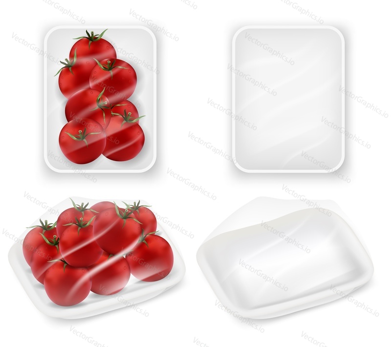 White empty and tomatoes plastic food packaging tray wrapped with polyethylene film mockup set. Vector realistic illustration isolated on white background.