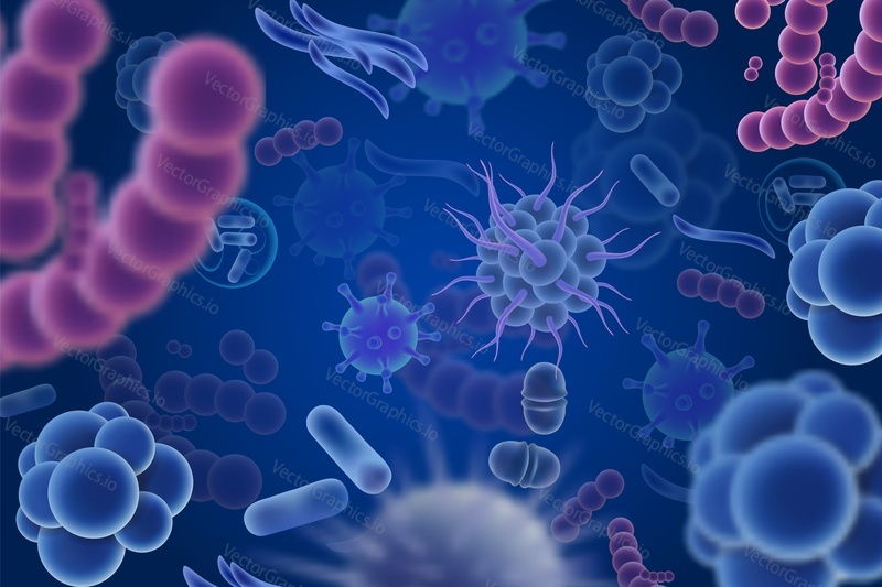 Abstract background with various color and shape microscopic viruses, bacteria and microbes. Vector realistic illustration.