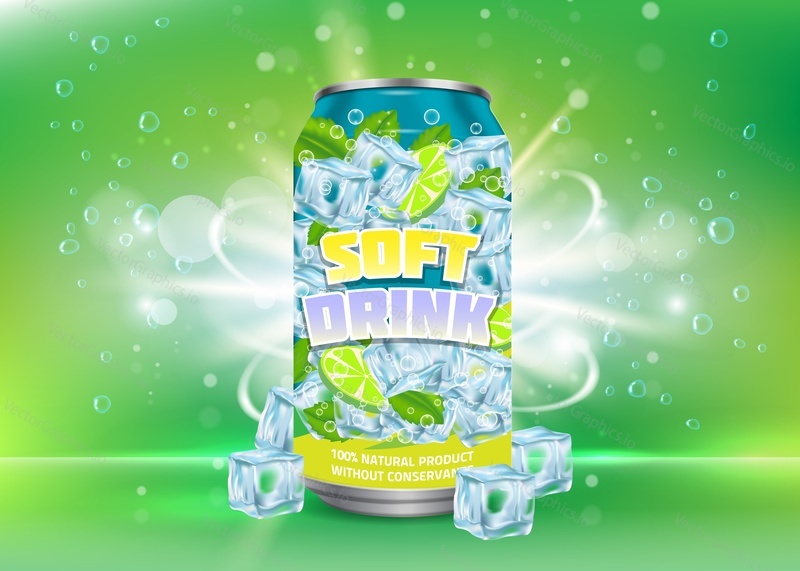 Vector realistic illustration of aluminium can with lemon soft drink label and ice cubes, bubbles around it. Lemon tonic aluminum can package mock up. Lemon soft drink poster, banner design template.