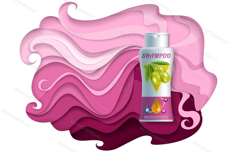 Šampon reklamy vektorové papír řez ilustrace. Produkt pro péči o vlasy olivový vlasový šampon plastová láhev balení mock up a krásné růžové dlouhé vlnité ženské vlasy.