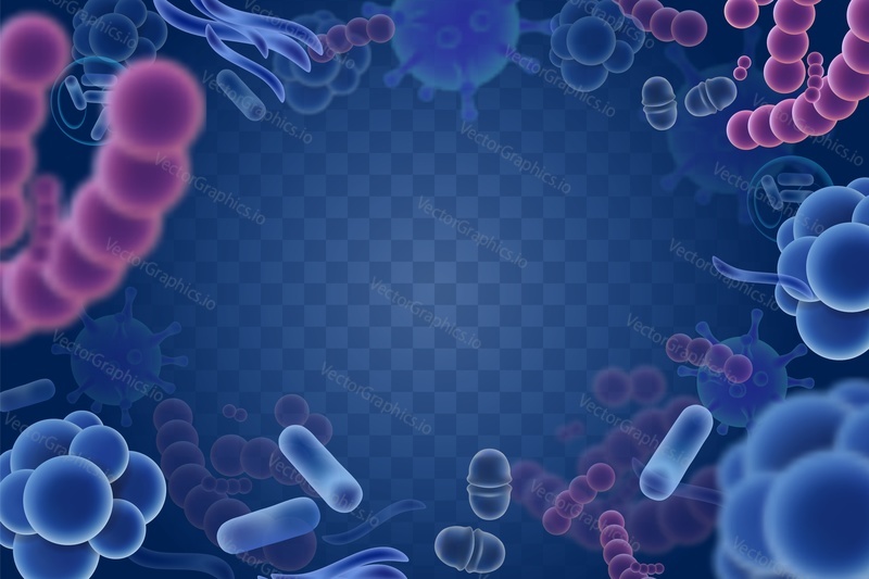 Abstract background frame with different types of microorganisms, microscopic viruses, microbes and bacteria. Vector realistic illustration.