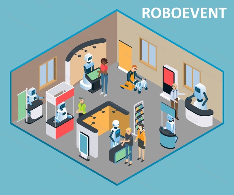 Шаблон выставки Robots event. Векторная изометрическая иллюстрация роботов, рекламирующих реализацию товаров или услуг с использованием рекламных прилавков, выставочных стендов, флаговых баннеров.