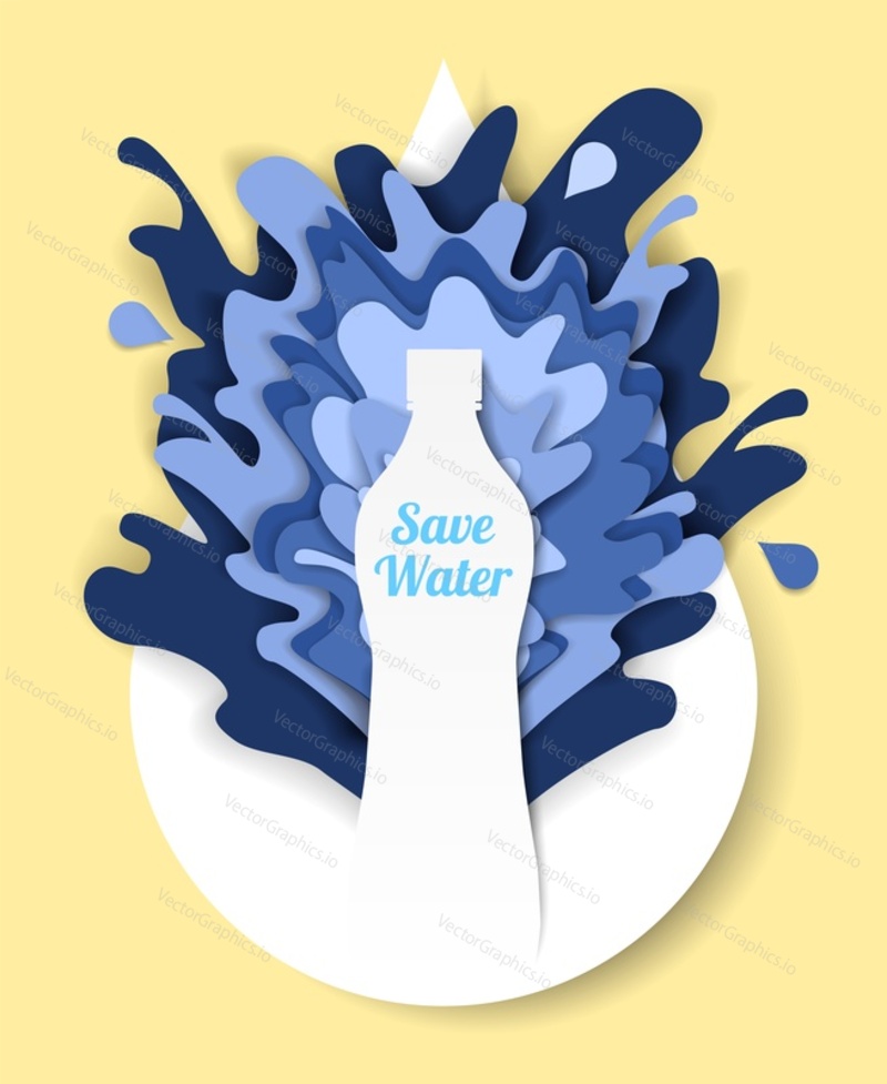 Ekologie a koncepce ochrany životního prostředí. Vektorový papír řez láhev na pitnou vodu s nápisem save water a stříkající vodou.