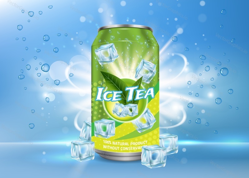 Vector realistic illustration of aluminium can with ice tea label and ice cubes, bubbles around it. Green ice tea aluminum can package mock up. Ice tea drink poster, banner, flyer design template.