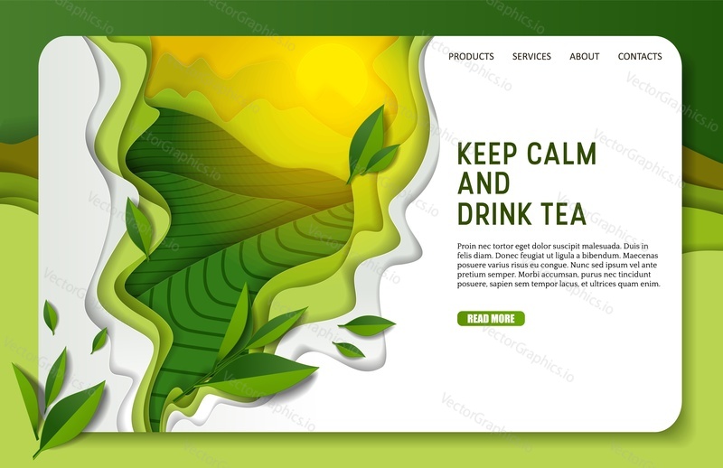 Green tea landing page website template. Vector paper cut spilling aromatic green tea with leaves. Keep calm and drink tea inspirational quotation.