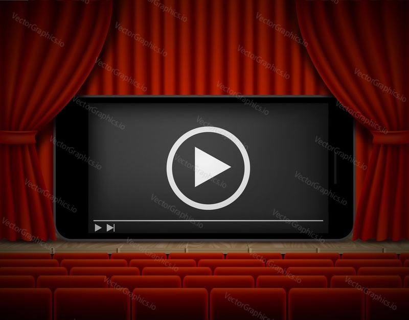 Online cinema poster template. Vector illustration of red movie theater stage and mobile phone with video player, play button on screen. Mobile movie.