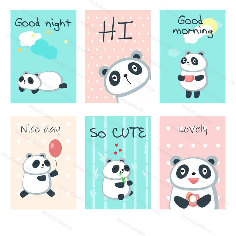 Cute panda cards. Vector template set with funny pandas with hearts, balloon, donut, bamboo leaves, cup of coffee and Good night, Good morning, Nice day, Hi, So cute, Lovely calligraphy text.