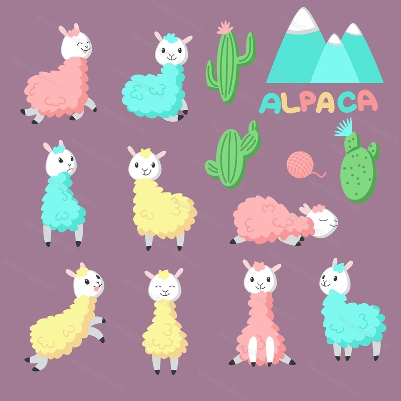 Cute cartoon alpaca icon set. Vector hand drawn illustration of funny pink, yellow, blue llamas and cactuses for greeting card, invitation, baby shower card, poster, patch, sticker and print.