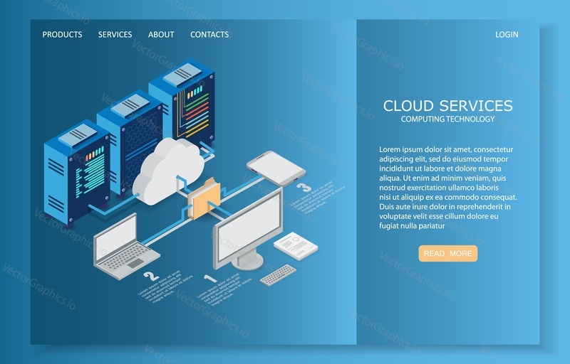 Šablona webových stránek vstupní stránky cloudových služeb. Vektorové izometrické ilustrace. Cloud hosting, síťový a databázový koncept se stolním počítačem, notebookem, mobilem, servery, složkou souborů připojenou k cloudu.