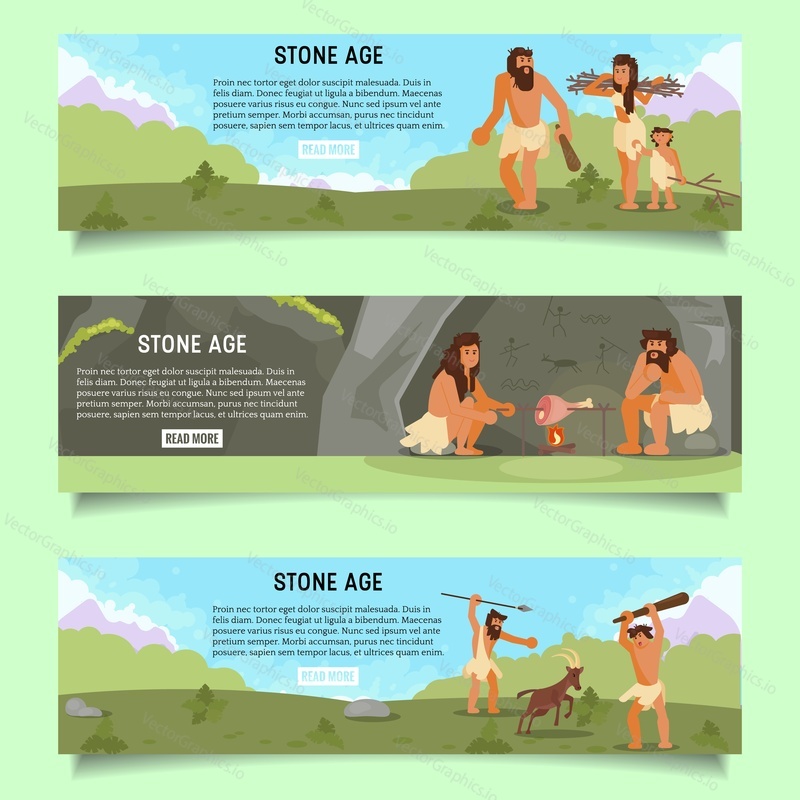 Stone age web banner šablony set. Vektorové ploché ilustrace jeskynní lidé primitivní prehistorických lidí lovu, vaření masa na otevřeném ohni, shromažďování klestí, aby se oheň.
