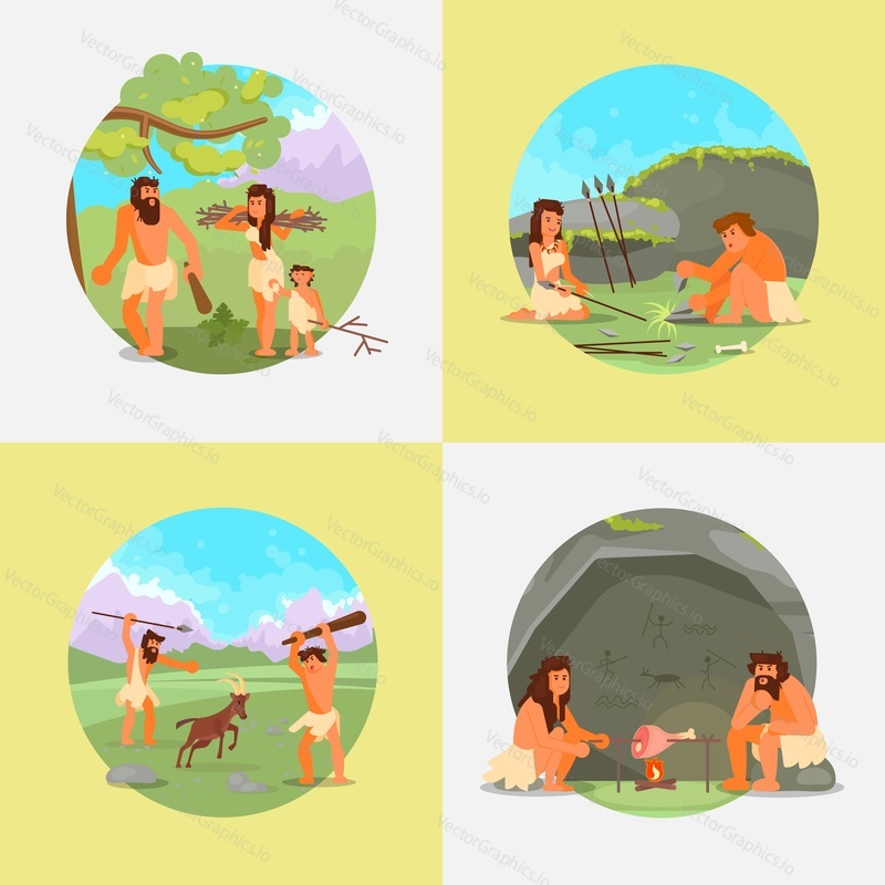 Sada doby kamenné. Vektorové ploché ilustrace jeskynních lidí primitivní prehistoričtí lidé loví, vaření masa na otevřeném ohni, shromažďování klestu, výroba loveckých nástrojů kamenné kopí.