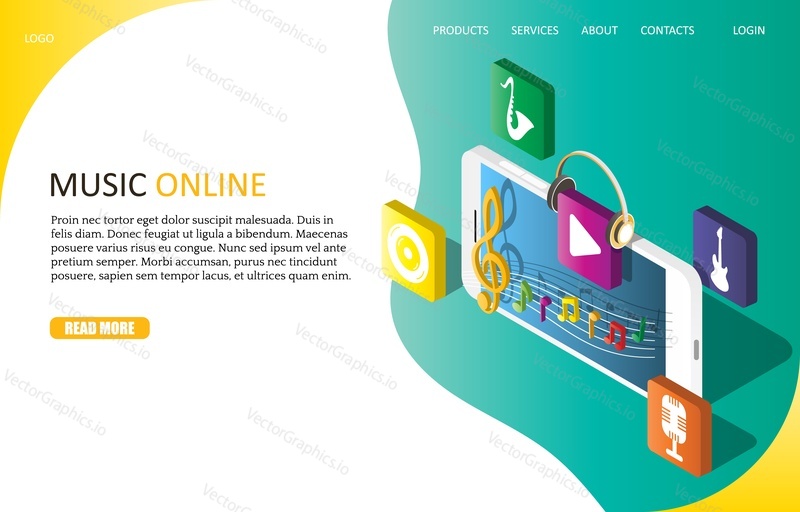 Шаблон веб-сайта целевой страницы Music online. Векторный изометрический смартфон с высоким ключом и нотами, кнопка воспроизведения в наушниках. Приложения и сервисы для потоковой передачи музыки.
