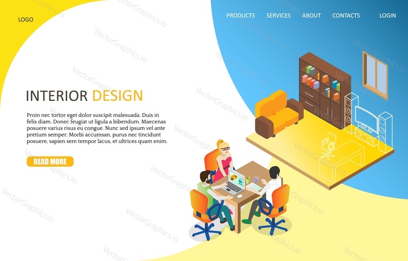 Interior design landing page website template. Vector isometric illustration of designer creating living room while placing furniture 3d models using desktop computer. Online interior design concept.