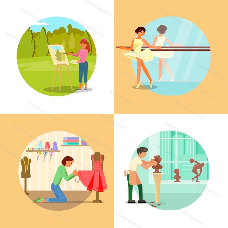 People enjoying their hobbies vector flat illustration. Painting, ballet dancing, sewing, sculpting or modelling clay human bust. Arts and craft hobbies.