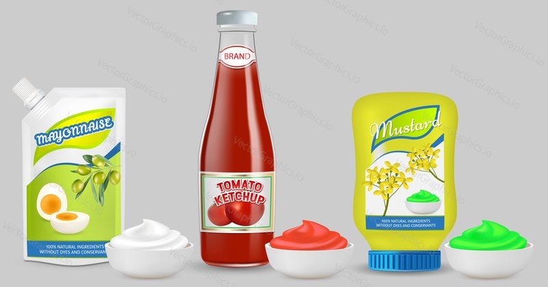 Vektorová sada různých omáček v keramických miskách, majonéza v plastovém sáčku doypack bag, rajčatový kečup ve skleněné láhvi a hořčice v plastové láhvi. Balení potravinářských výrobků s maketami štítků.