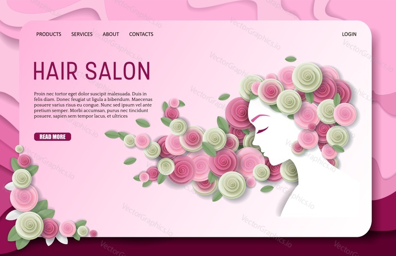 Hair salon landing page website template. Vector paper cut beautiful girl with floral long wavy hair. Beauty and fashion, hairstyles concept.