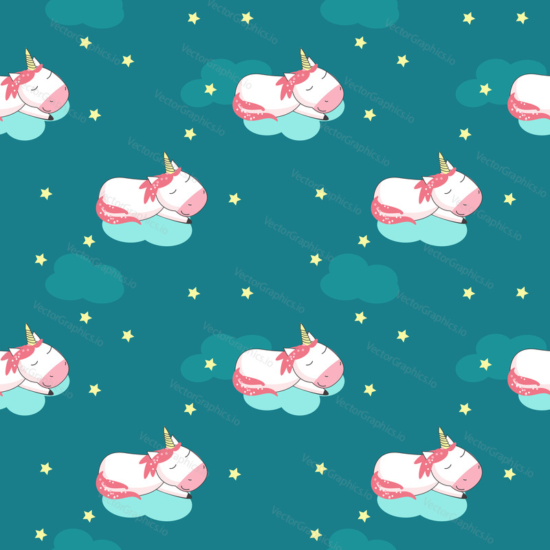 Magic unicorn seamless pattern. Vector hand drawn unicorns sleeping on clouds in night sky.