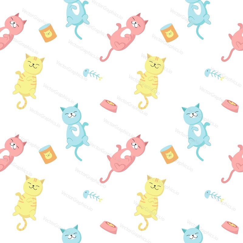 Funny cats vector seamless pattern. Creative design with happy playful cats for fabric, textile, wallpaper, wrapping paper.