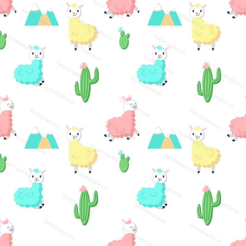 Cute alpaca with cactus vector seamless pattern. Creative design for fabric, textile, wallpaper, wrapping paper.