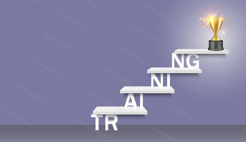 Training word ladder with trophy cup on the top vector realistic illustration. Business education, advancing knowledge, professional growth concept for web, poster, banner.