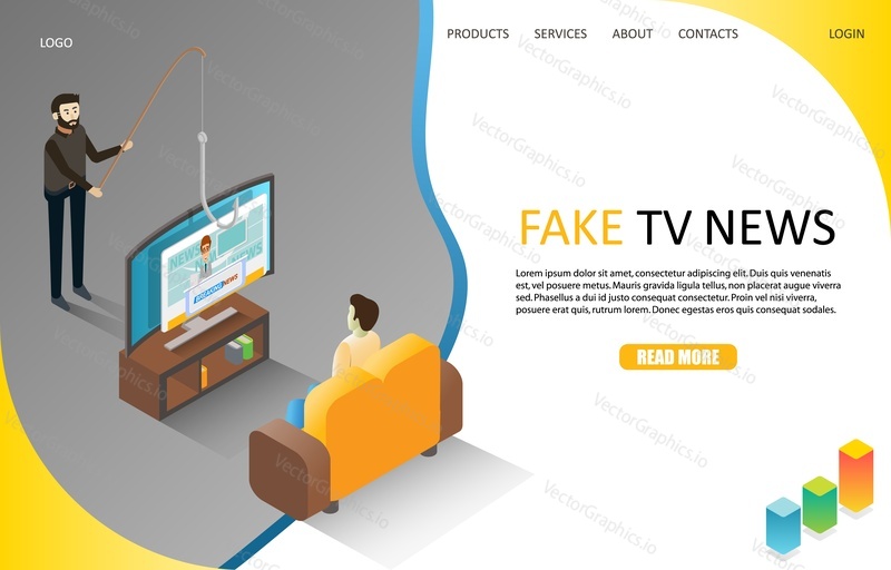 Falešné živé lámání TV news vstupní stránky webové stránky šablony. Vektorové izometrické ilustrace. Dezinformace nebo hoaxy se šíří prostřednictvím tradičních zpravodajských médií. Žlutá Žurnalistika nebo propagandistický koncept.