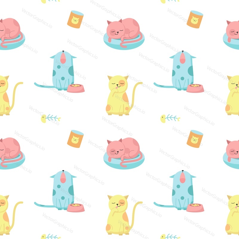 Funny cats vector seamless pattern. Creative design for fabric, textile, wallpaper, wrapping paper with cute happy cats licking, sleeping, meowing.