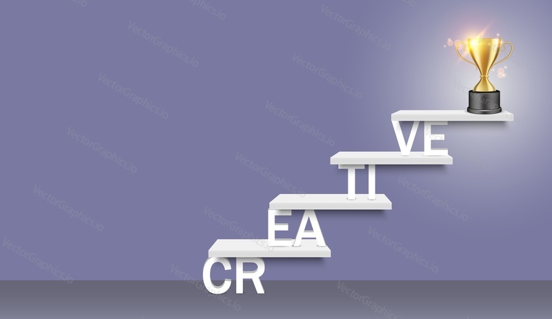 Creative word ladder with trophy award cup on top. Vector realistic illustration. Path to win concept for web, poster, banner.