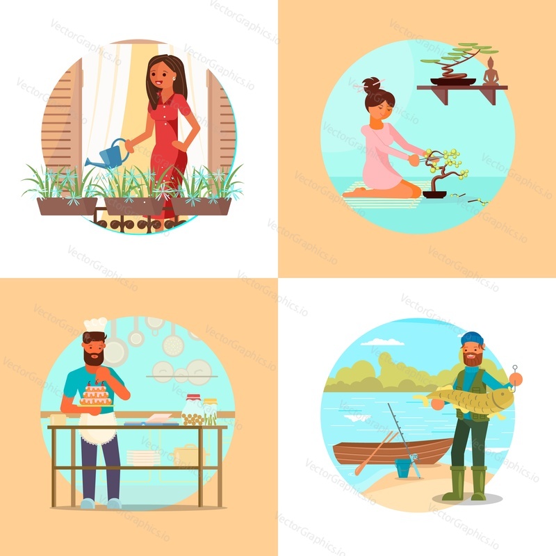 People enjoying their hobbies vector flat illustration, Flower gardening, bonsai, cake making and decorating or cooking, fishing hobbies.