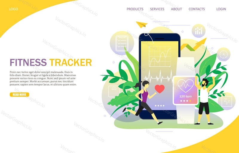 Fitness tracker landing page website template. Vector flat illustration. Girl running, man training, smartphone, smartwatch bracelet with heart rate monitor. Smart workout, fitness tracker mobile app