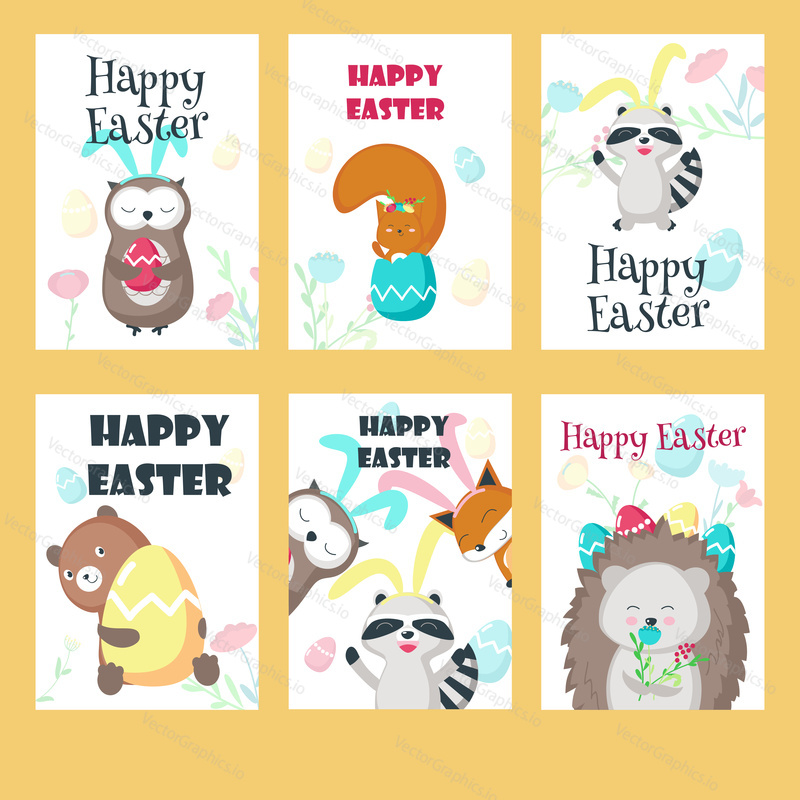 Vector set of greeting cards with Easter animals, paschal eggs, flowers and Happy Easter lettering. Spring holiday celebration poster design templates.