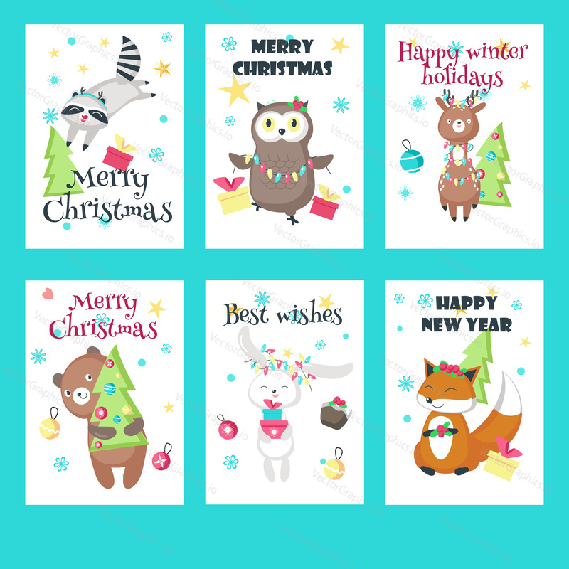 Vector set of Christmas cards with cute animals and holiday greetings. Happy bunny fox raccoon owl deer bear with gift boxes, christmas trees, balls, lights, antler headband, holly berries wreath.