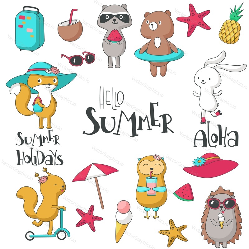Hello summer icon set with animals, handwritten text and summer items. Vector hand drawn illustration isolated on white background.