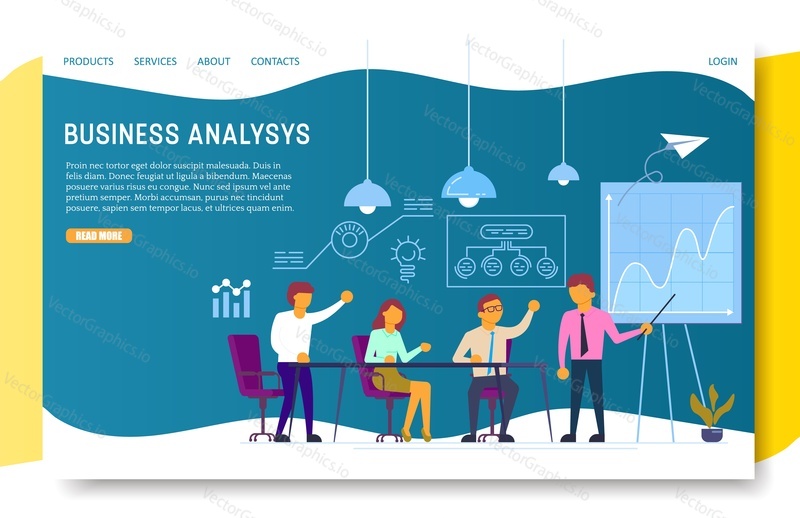 Business analysis landing page website template. Vector illustration Group of business people discussing financial report at workshop meeting.