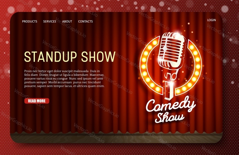 Standup show šablona webových stránek vstupní stránky. Vektorové realistické ilustrace prázdné divadelní scény s červenými závěsy a stand-up komediální show znamení s mikrofonem a světly.