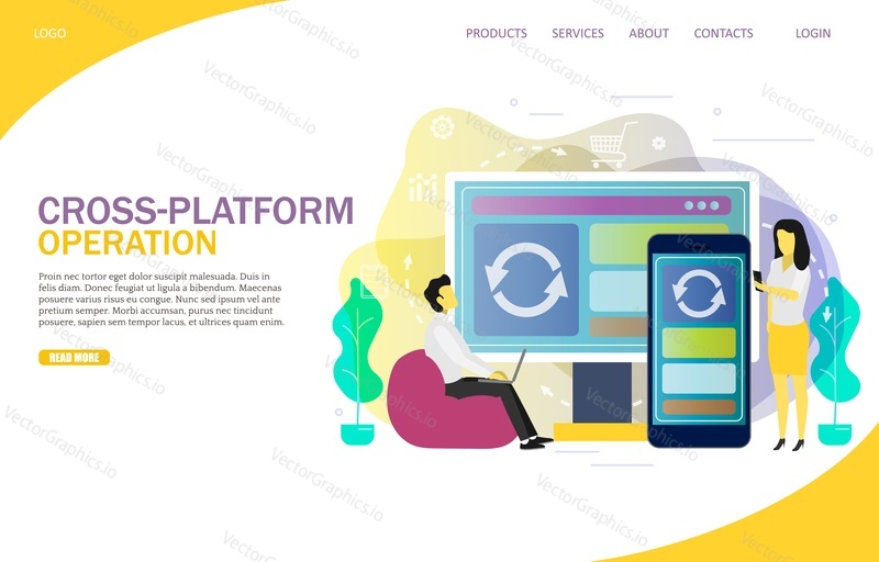 Cross-platform operation landing page website vector template. People performing operations while using the same program on computer and mobile device. Cross platform app development services concept.
