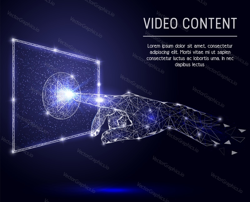 Video content concept vector polygonal art style illustration. Human hand touching play button on screen low poly wireframe mesh made of points, lines and shapes. Video streaming technology.