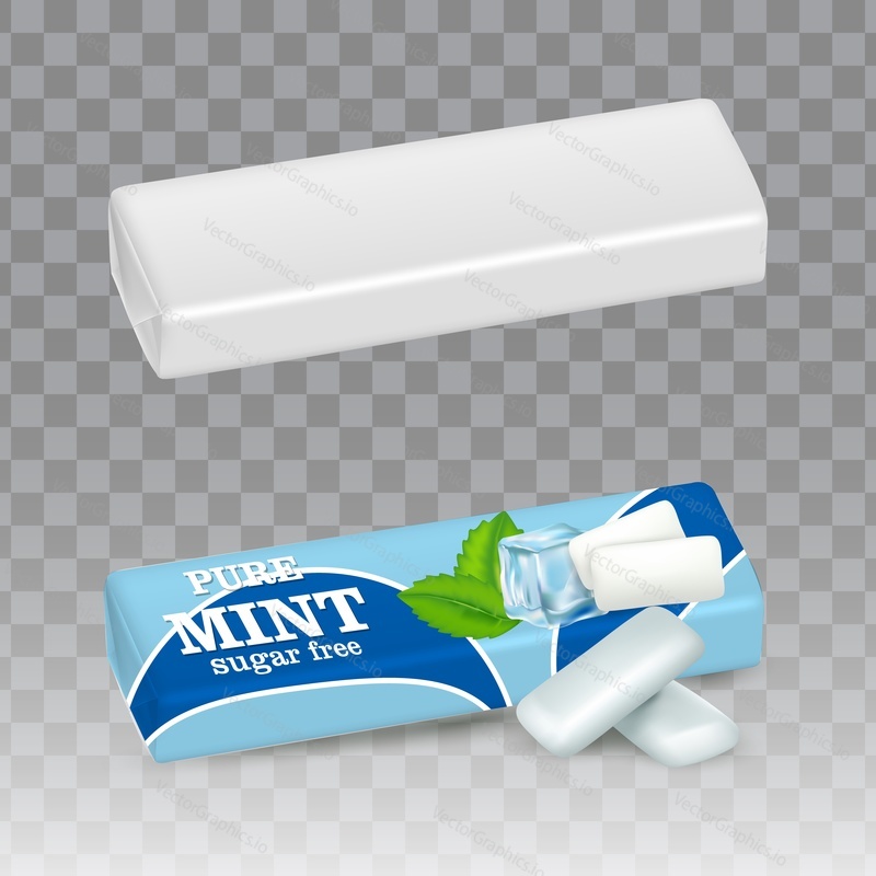Chewing gum paper packaging mockup set. Vector realistic illustration of white blank foil paper package and wrapped pure mint sugar free bubblegum pads, transparent background.