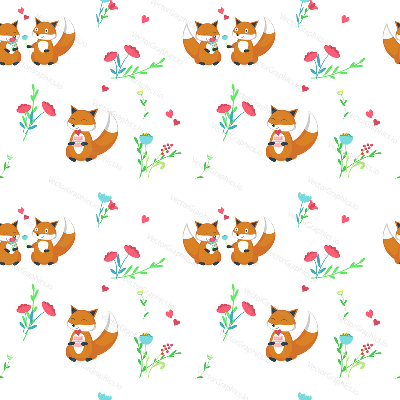 Vector seamless pattern with cute loving foxes with flowers and cake. Happy romantic animals couples background, wallpaper, fabric, wrapping paper.
