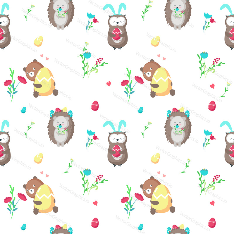 Vector seamless pattern with cute Easter hedgehog, bear and owl holding paschal eggs, spring flowers. Easter animals background, wallpaper, fabric, wrapping paper.
