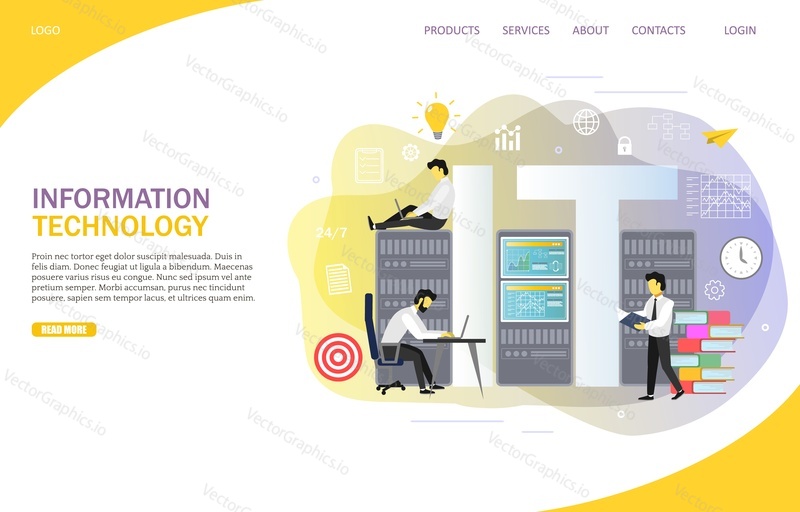Information technology landing page website template. Vector isometric illustration of IT specialists developing computing programs. Providing IT resources, hardware, software and other services.